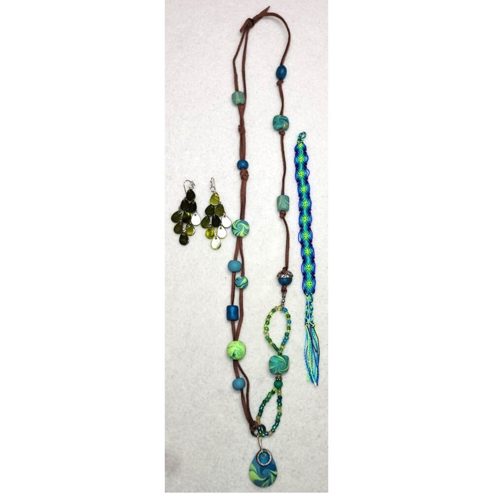 Boho Polymer Clay Green Blue Statement Necklace Earrings Bracelet Set Lot